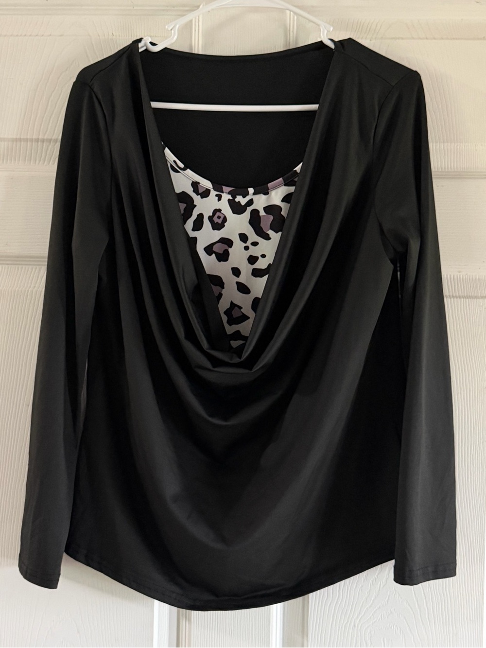 Black Long-Sleeve Draped Top with Leopard-Print Inset